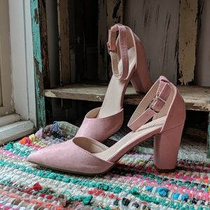 Pink Vegan Suede Strappy Block Heels